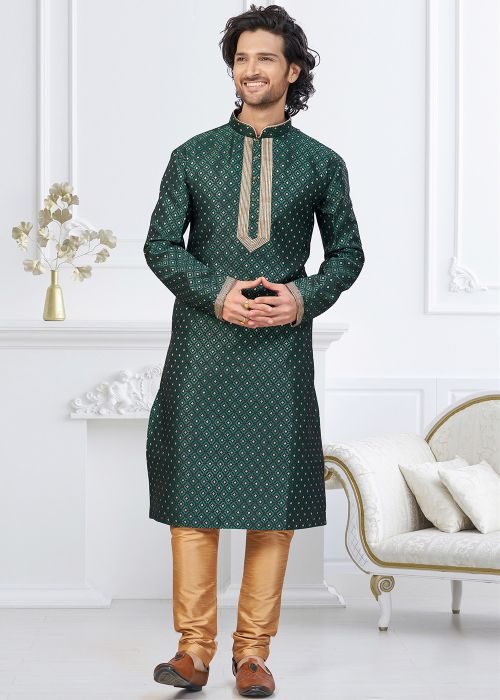 Deep Green Art Silk Kurta Pajama With Gold Weave