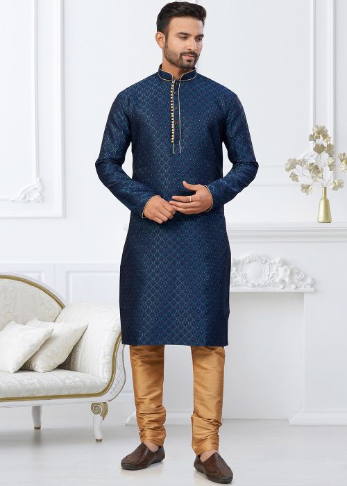 Navy Blue Kurta Pajama With Textured Weave