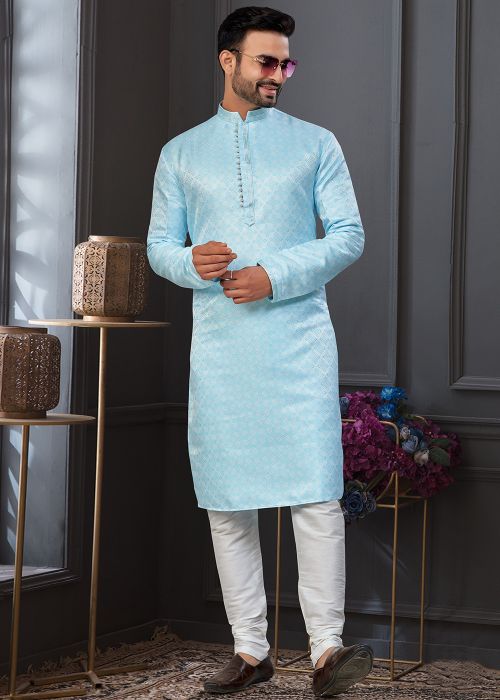 Sky Blue Art Silk Kurta Pajama With Woven Motifs