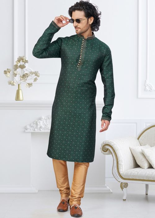 Bottle Green Woven Kurta Pajama In Art Silk