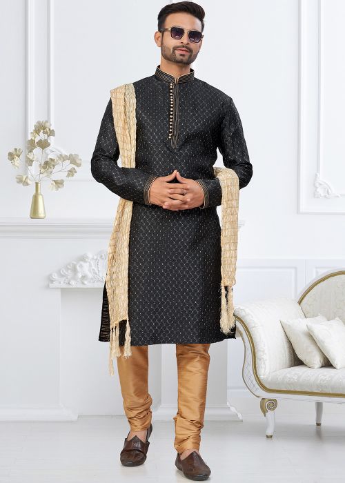 Black Art Silk Kurta Pajama With Woven Pattern