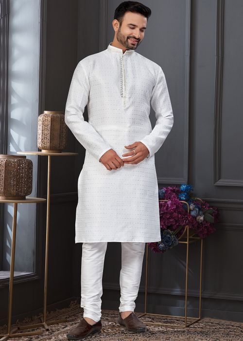 Off White Art Silk Kurta Pajama With Textured Weave