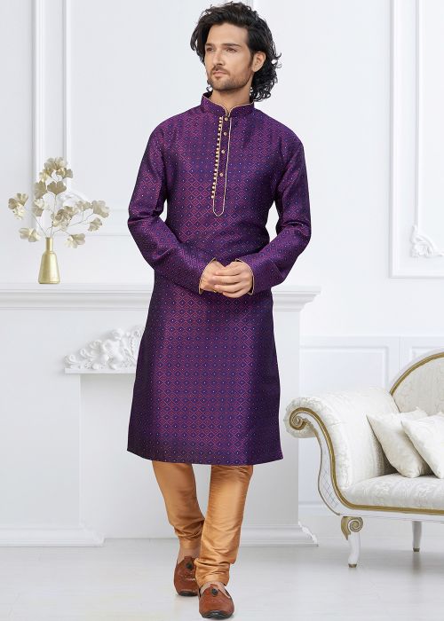 Purple Art Silk Kurta Pajama With Intricate Weave
