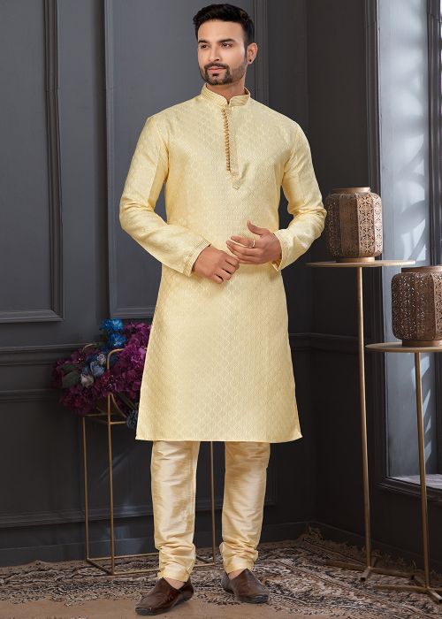 Golden Art Silk Kurta Pajama With Woven Design