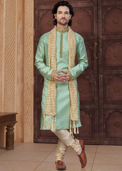 Turquoise Art Silk Kurta Pajama With Woven Pattern