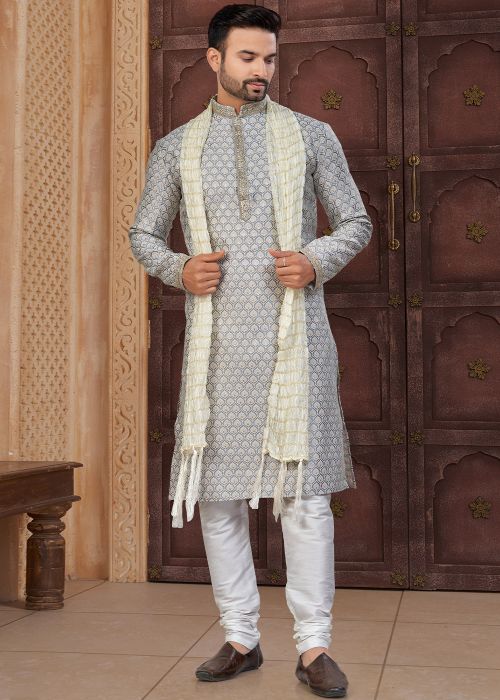 Grey Art Silk Kurta Pajama With Woven Detail