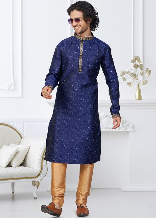 Navy Blue Art Silk Kurta Pajama With Gold Weave