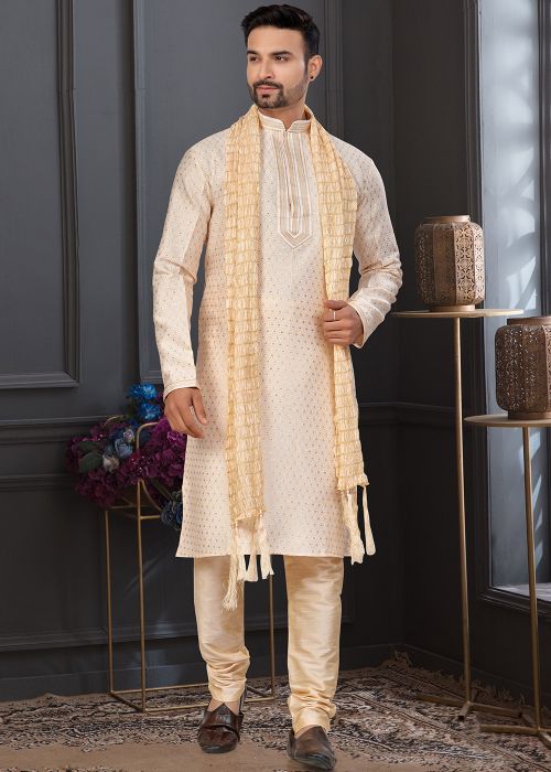 Cream Art Silk Kurta Pajama With Woven Motifs