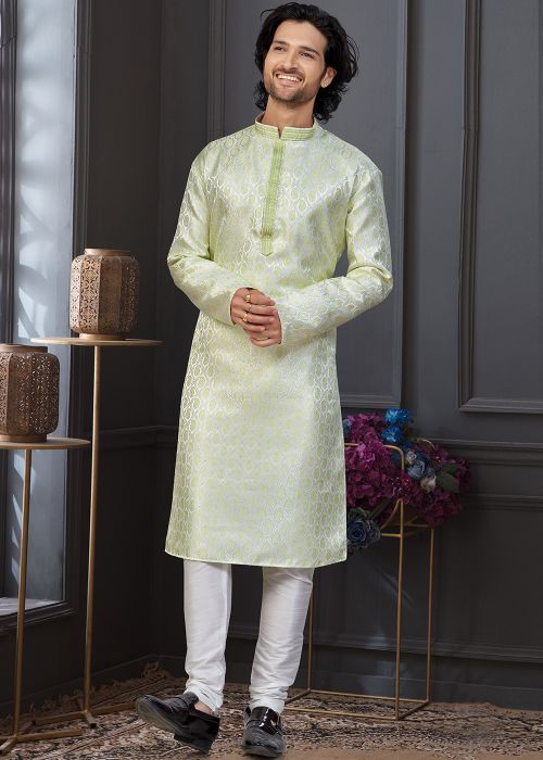 Light Green Art Silk Kurta Pajama With Woven Pattern