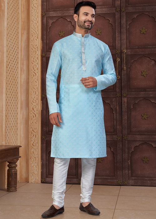 Sky Blue Art Silk Kurta Pajama With Woven Texture