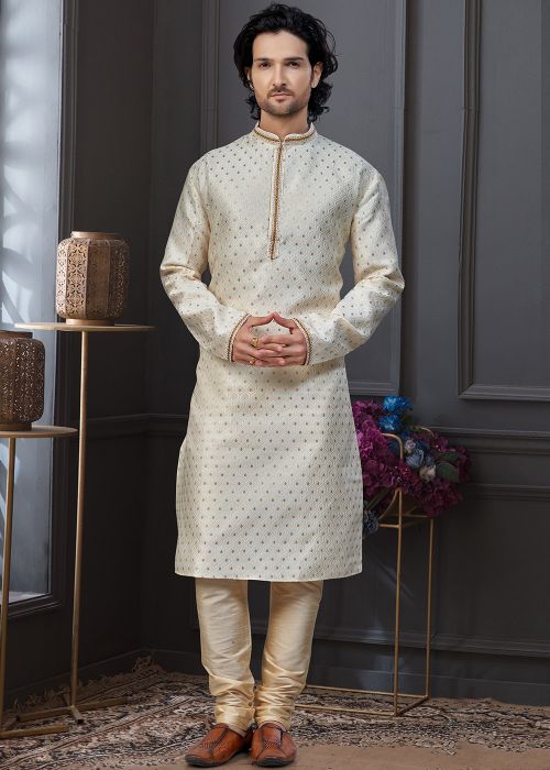 Cream Art Silk Kurta Pajama With Woven Motifs