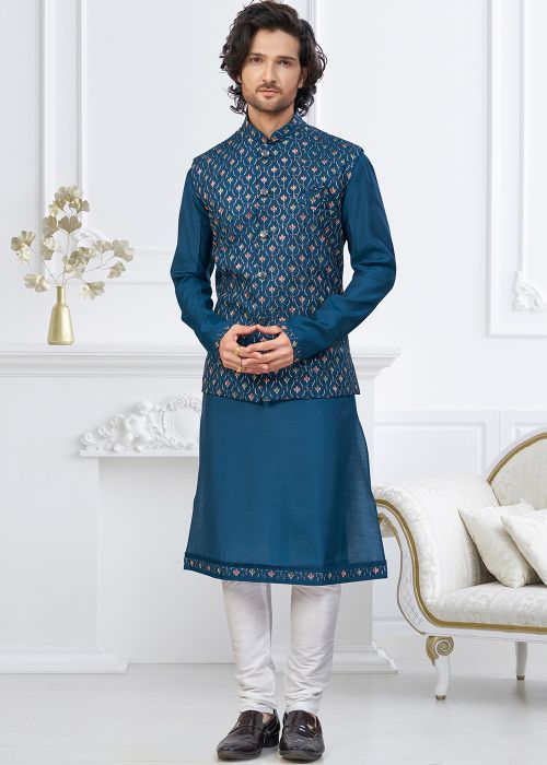 Teal Blue Kurta Pajama With Embroidered Nehru Jacket