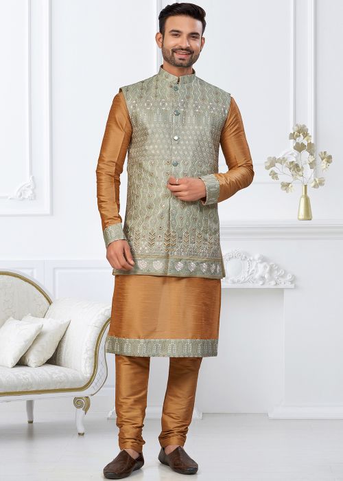 Orange Kurta Pajama With Embroidered Jacket