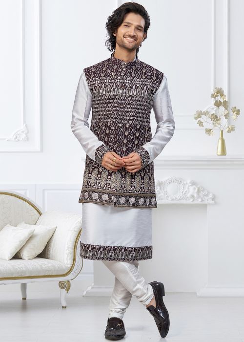 Off White Kurta Pajama With Purple Embroidered Jacket