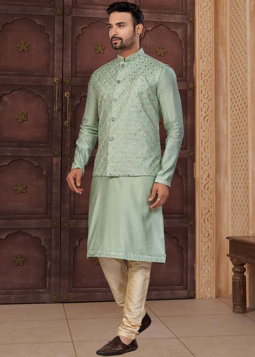 Green Kurta Pajama With Embroidered Nehru Jacket