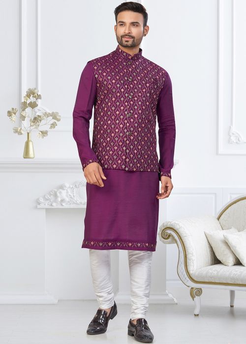 Purple Kurta Pajama With Embroidered Nehru Jacket