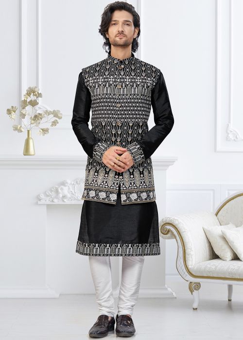 Black Kurta Pajama With Silver Embroidered Jacket
