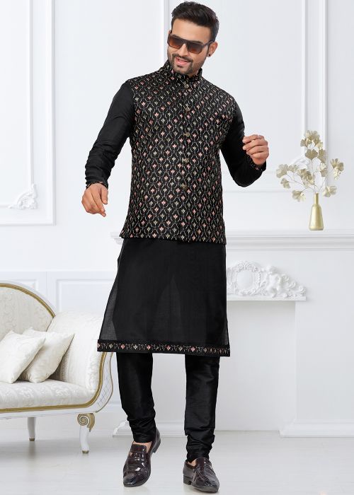 Black Kurta Pajama With Floral Embroidered Jacket