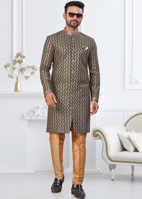 Sage Green Silk Indo Western Sherwani With Motifs