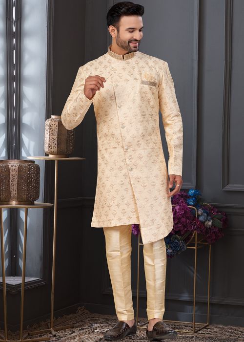 Cream Jacquard Indo Western Sherwani With Subtle Embroidery
