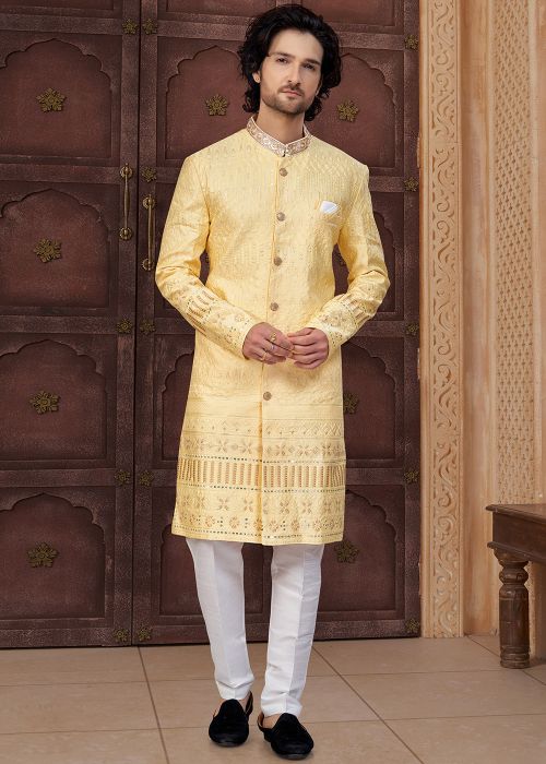 Yellow Silk Indo Western Sherwani With Embroidered Hem