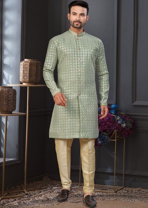 Sage Green Indo Western Sherwani With Embroidery