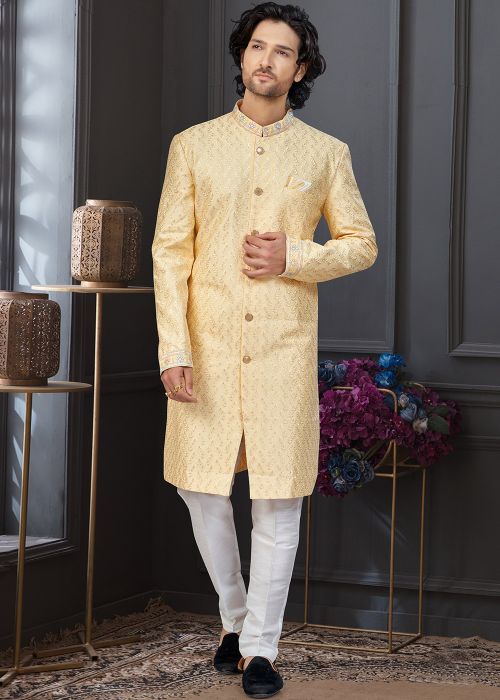 Yellow Indo Western Sherwani Set With Sequins Embroidery