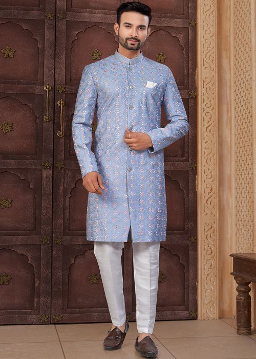 Sky Blue Indo Western Sherwani With Thread Work