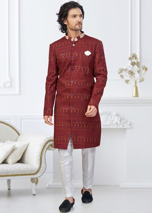 Maroon Silk Indo Western Sherwani With Thread Detail