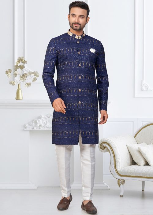 Navy Blue Silk Indo Western Sherwani With Thread Motif