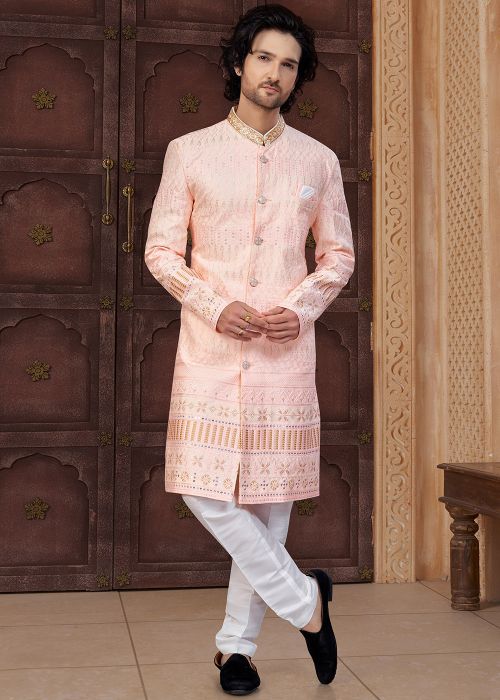 Peach Indo Western Sherwani With Embroidered Details