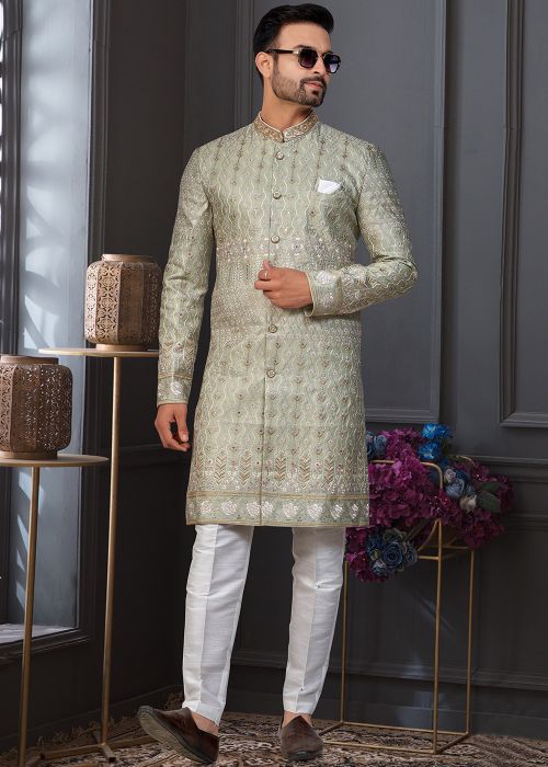 Green Indo Western Sherwani Set With Sequins Work