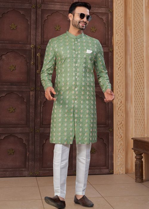 Sage Green Indo Western Sherwani With Floral Motifs