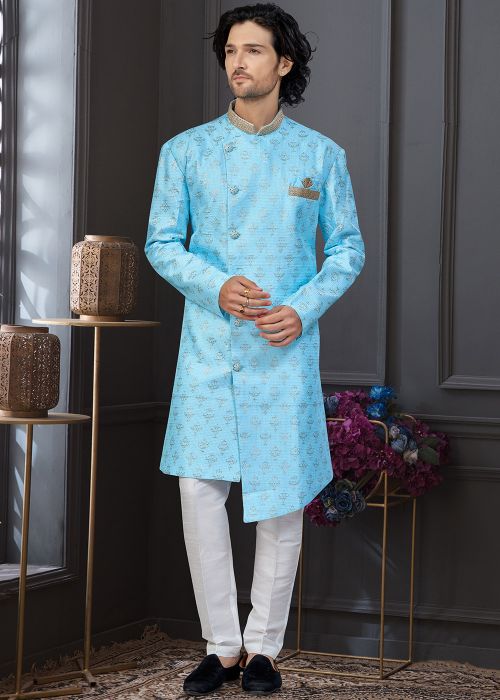 Turquioise Jacquard Indo Western Sherwani With Sequin Detail