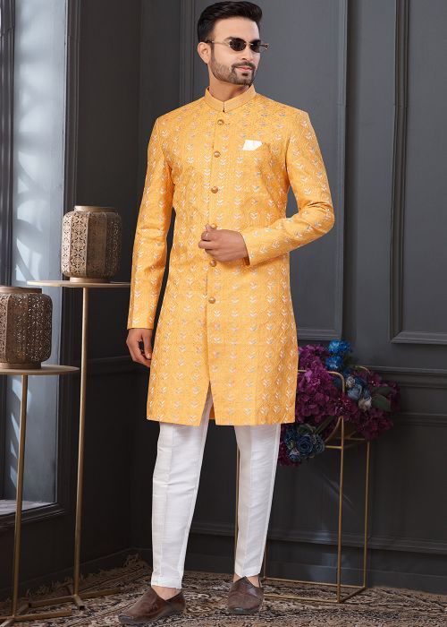 Yellow Silk Indo Western Sherwani With Embroidery