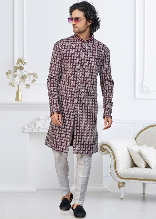 Wine Indo Western Sherwani With Geometric Motifs