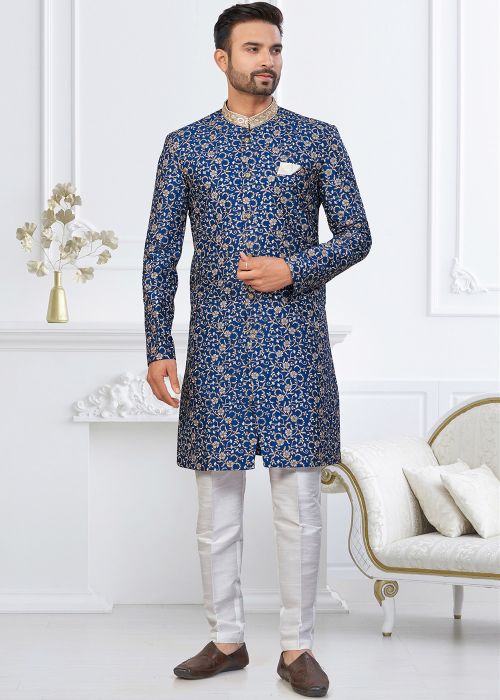 Royal Blue Indo Western Sherwani With Floral Work