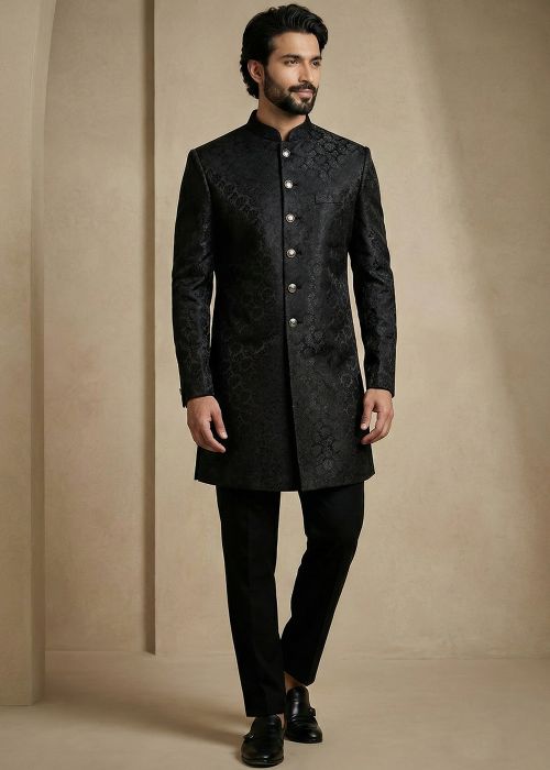 Black Indo Western Sherwani With Woven Motifs