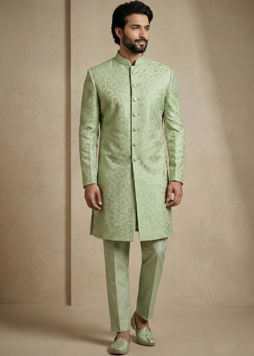 Sage Green Indo Western Sherwani With Woven Accent