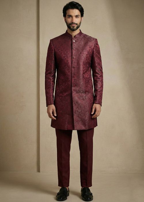 Maroon Indo Western Sherwani With Woven Work