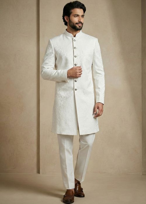 White Indo Western Sherwani Wth Woven Work