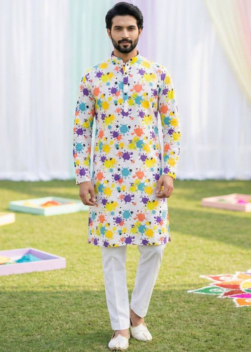 White Cotton Kurta Pant With Multicolor Digital Print 