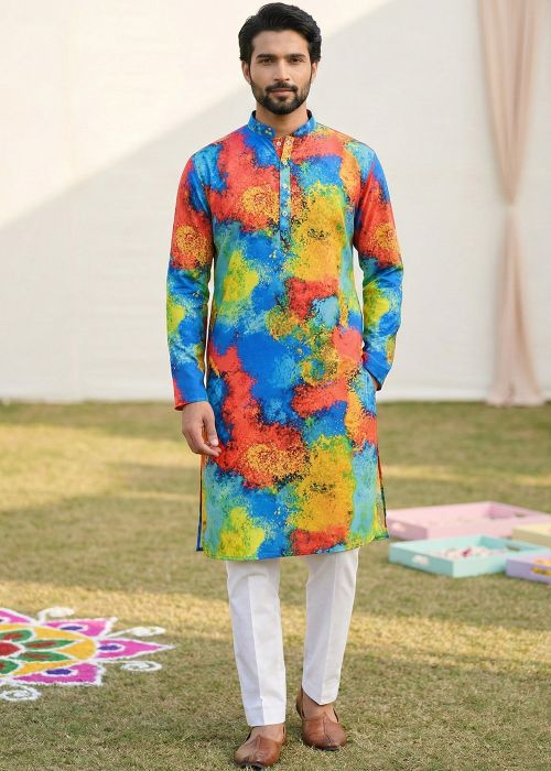 Blue Cotton Kurta Pant With Multicolor Digital Print 