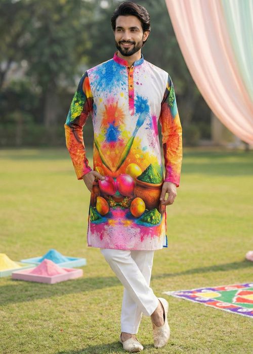 White Cotton Kurta Pajama With Digital Print