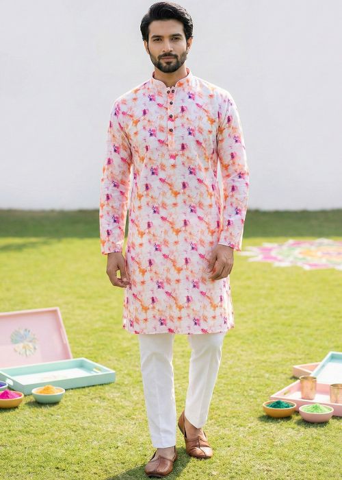 Peach Cotton Kurta Pant With Tie-Dye Print Accent