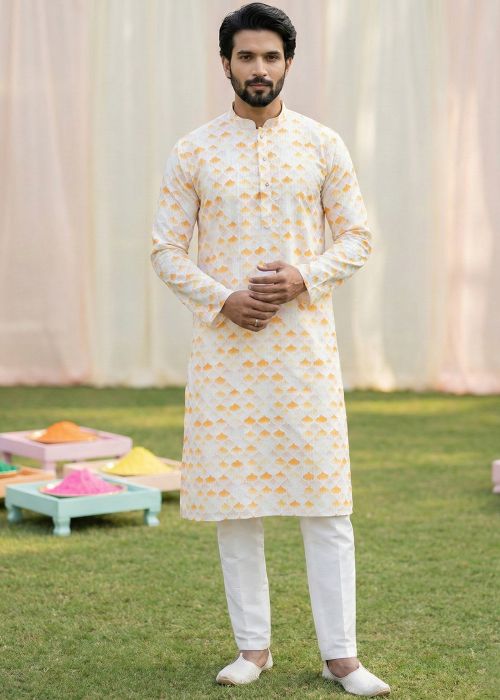 Cream Men Cotton Kurta Pant With Digital Print