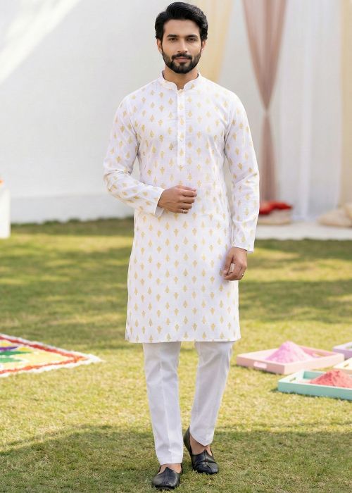 White Cotton Kurta Pant With Digital Print