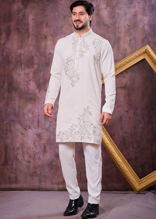 Cream Satin Kurta Pajama With Mirror Work