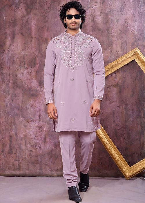 Mauve Purple Satin Kurta Pajama With Mirror Detail