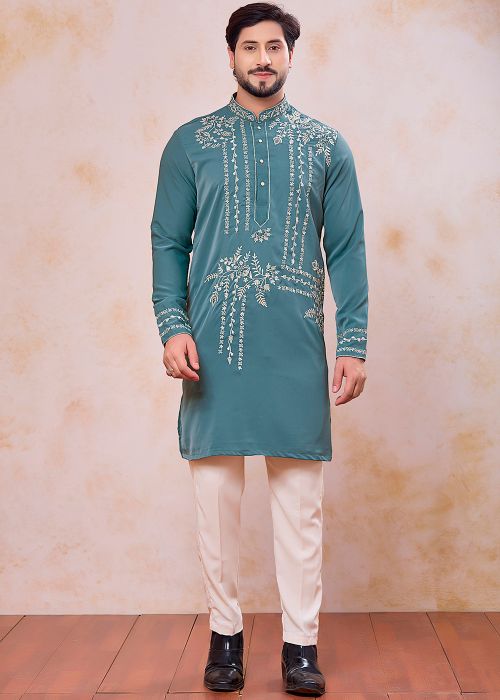 Teal Green Kurta Pajama With Embroidered Thread
